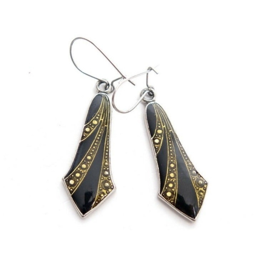 Vintage Art Deco Revival Gold Black‎ Geometric Dangle Drop Earrings